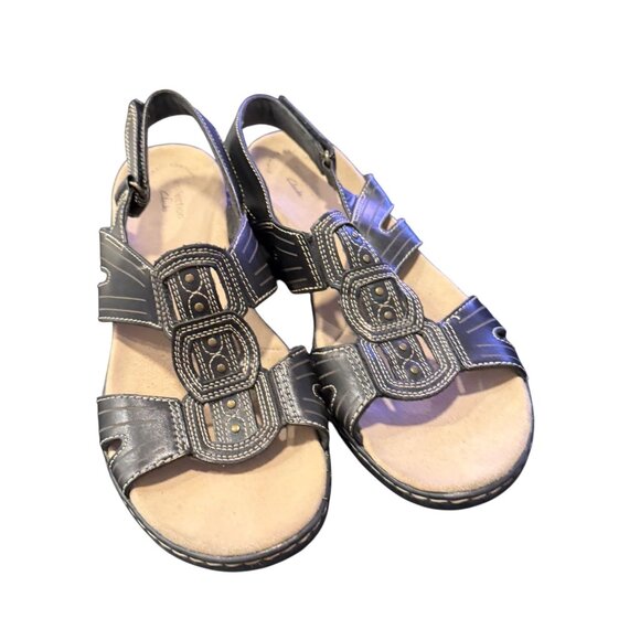 Clarks Collection Open-Toe Black Sandals Adjustable Straps & Stitch Detai; sz 11 - Picture 1 of 8